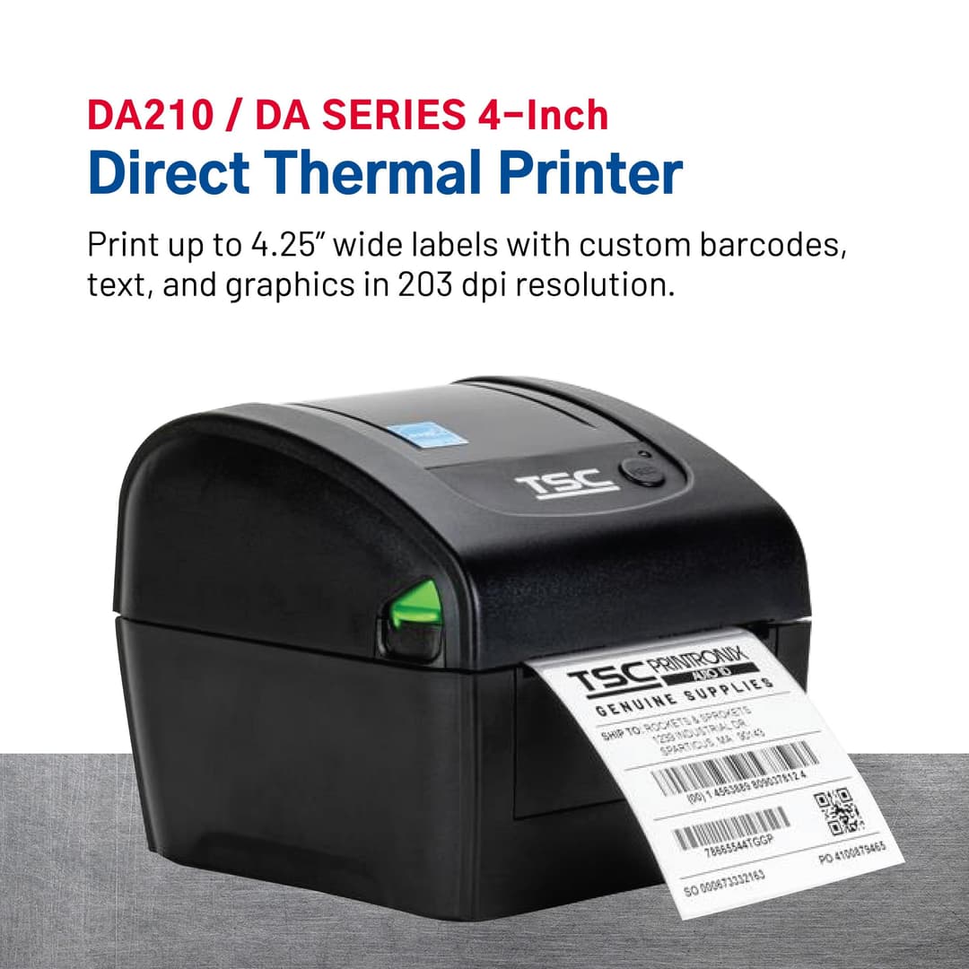 TSC DA210 Desktop Direct Thermal Label Printer - 4.25 inch, 203 dpi, USB 2.0 - Black - Image 2