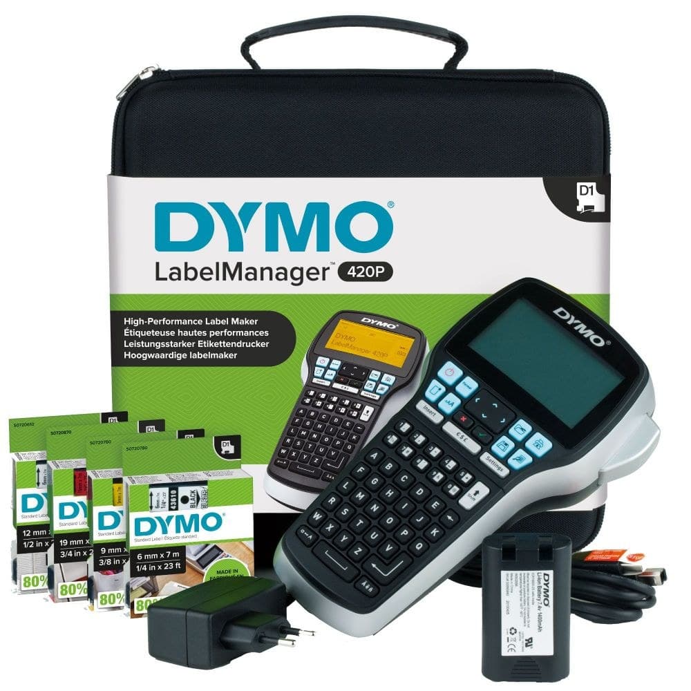 DYMO LabelManager 420P Label Maker Kit (S0915480) with ABC Keyboard, 4 D1 Label Rolls (6/9/12/19 mm x 7 m), Rechargeable Li-ion Battery & Carry Case - Image 1