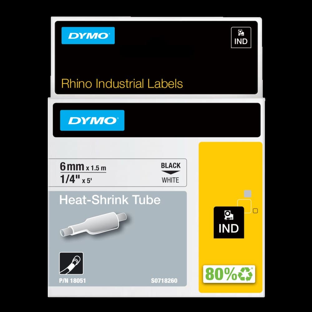 Dymo Rhino 18051 6mm x 1.5m Black on White Heat Shrink Tube - S0718260