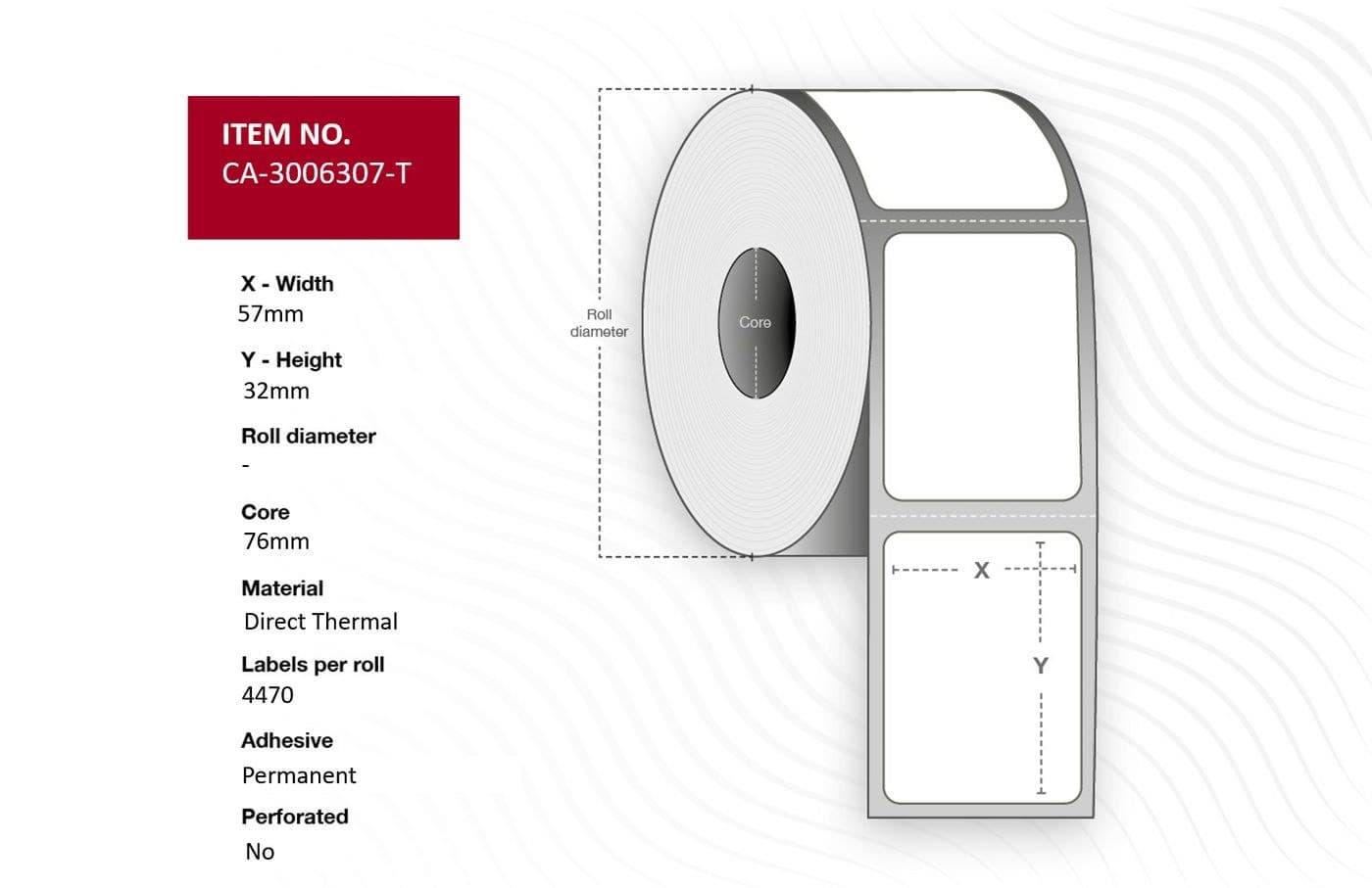 Capture CA-3006307-T Direct Thermal Labels 57 x 32mm, 76mm Core, Permanent Adhesive, 4470 Labels/Roll, 8 Rolls per Box