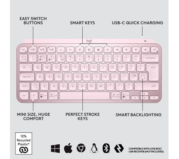 Logitech MX Keys Mini Wireless Illuminated Keyboard - Rose, UK Layout - Image 6