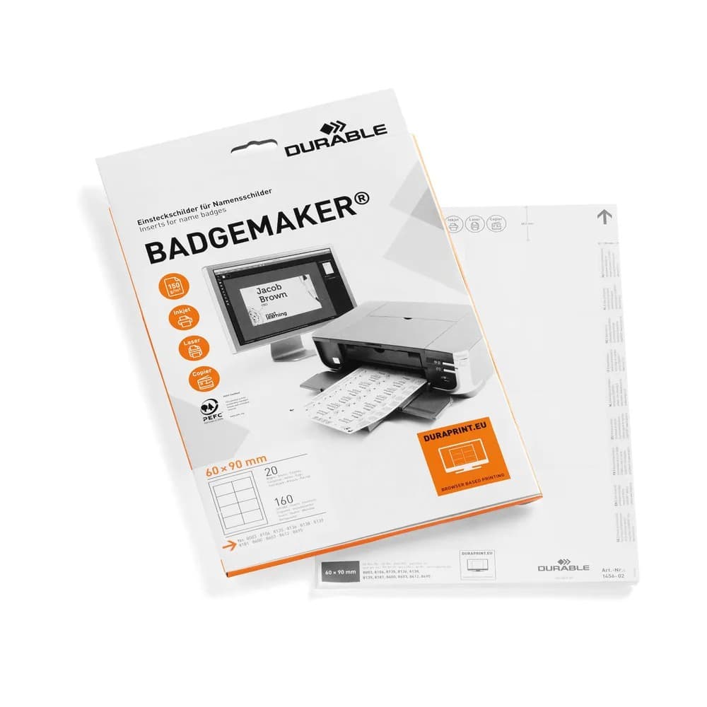 DURABLE BADGEMAKER 145602 - name badge cards - 160 card(s) - 60 x 90 mm - 150 g/m² - white