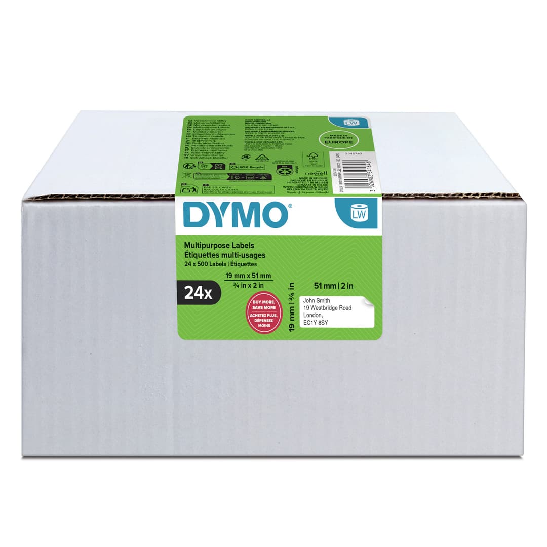 DYMO Authentic LabelWriter 11355 Small Multi-Purpose Labels | 19 mm x 51 mm | Self-Adhesive | 24 Rolls of 500 Easy-Peel Labels (12,000 Count) | for LabelWriter Label Makers | Made in Europe - Image 1