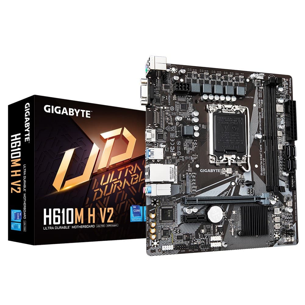 Gigabyte H610M H V2 LGA1700 Micro-ATX Motherboard - Supports Intel Core 14th CPUs, 4+1+1 Hybrid Digital VRM, up to 5600MHz DDR5, 1xPCIe 3.0 M.2, GbE LAN, USB 3.2 Gen 1 - Image 1
