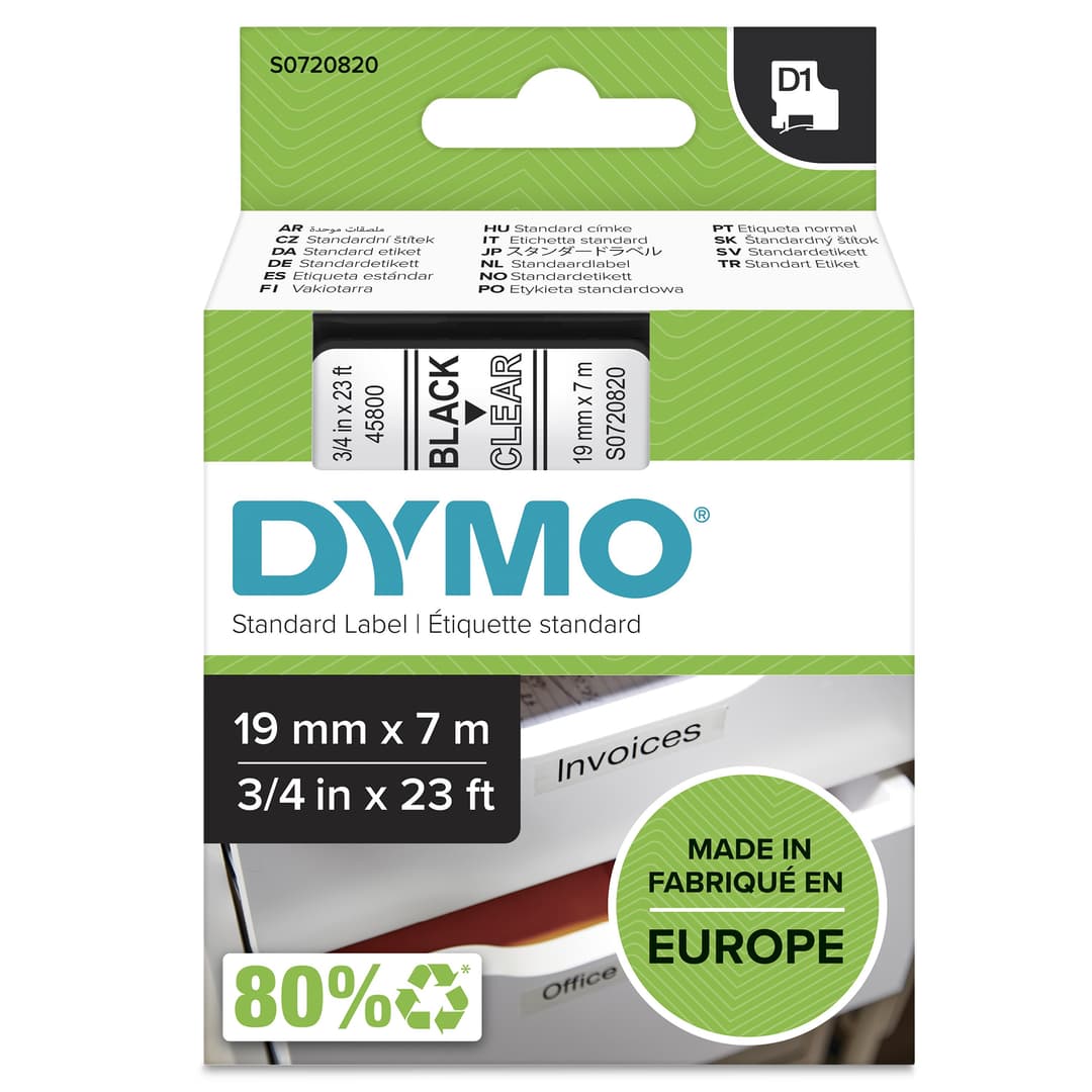 DYMO Authentic D1 Labels | Black Print on Clear Tape | 19 mm x 7 m | Self-Adhesive Labels for LabelManager Label Makers | Made in Europe - Image 1