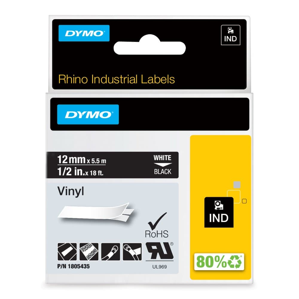 Dymo 1805435 Rhino Industrial Vinyl Label Tape 12mm x 5.5m - White on Black