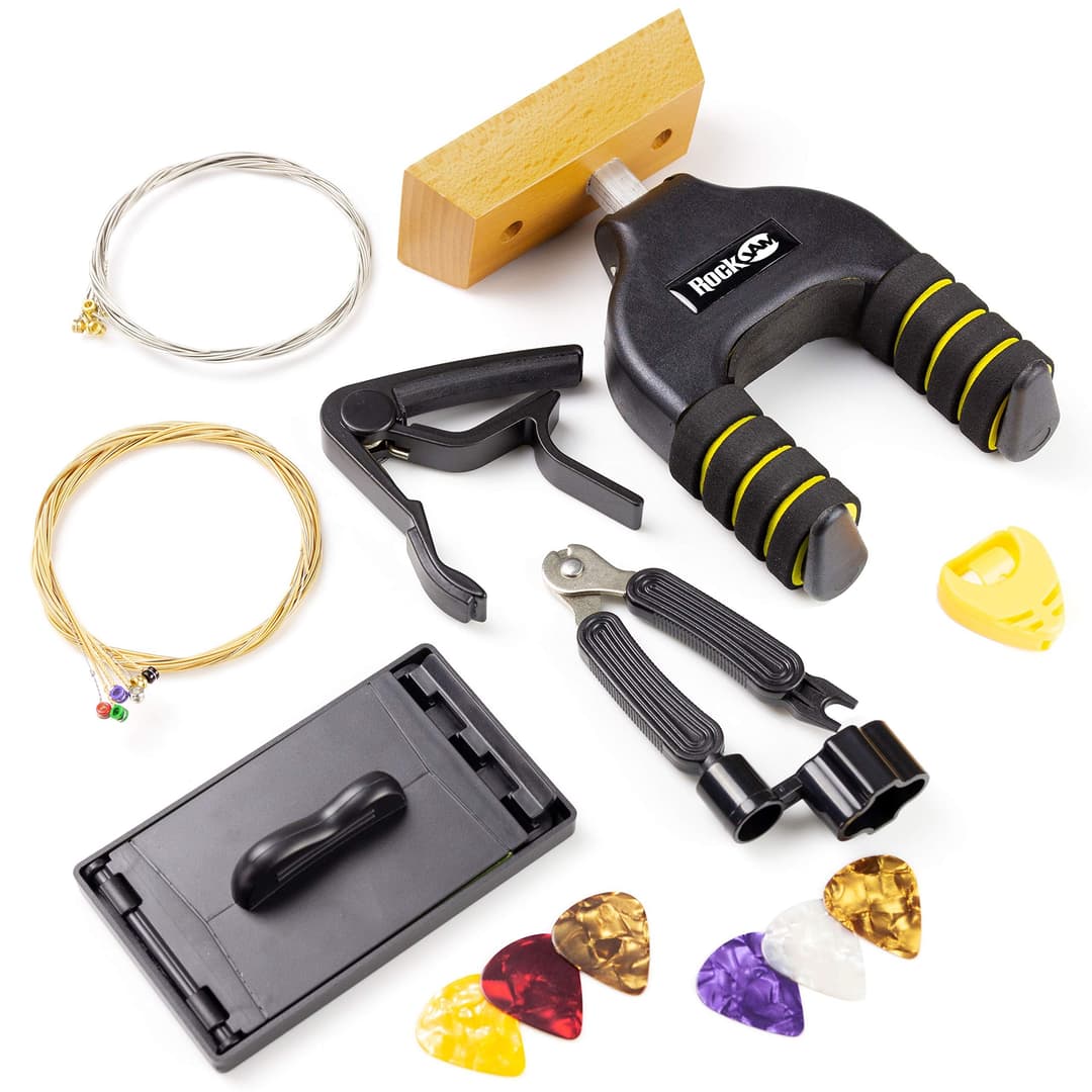 Rockjam Universal Guitar Accessoires Super-kit avec support mural de guitare, cordes de guitare électrique, chaînes de guitare acoustique, tuner à guitare multi-outil, guitare capo, guitare plectrums et support de guitare - Image 1