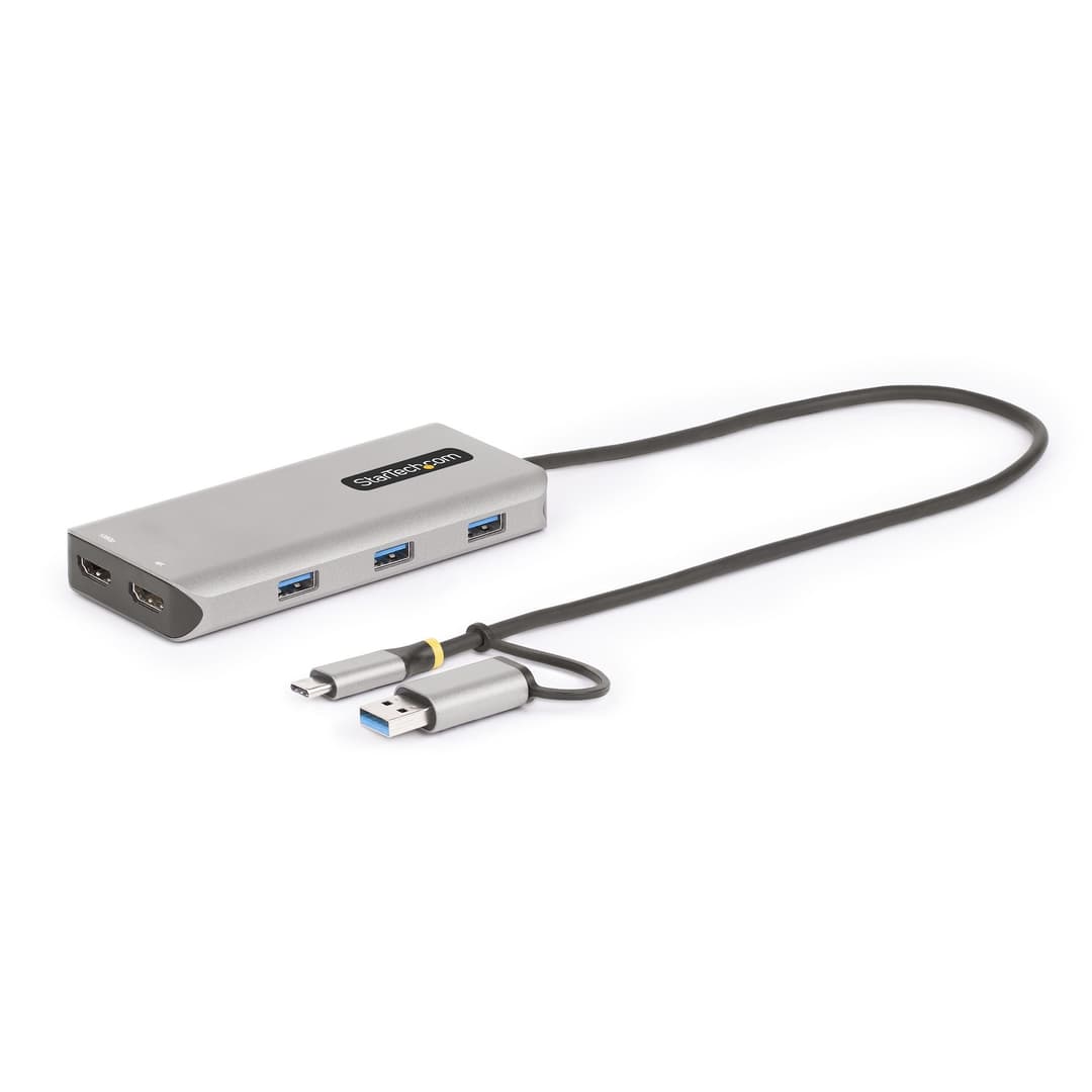 StarTech.com USB-C Multiport Adapter w/Attached USB-C to USB-A Dongle, Dual HDMI (4K30Hz/1080p60Hz), 3x USB-A 5Gbps, Mini Travel Dock, Laptop Docking Station, 1.3ft/40cm Cable - Image 1