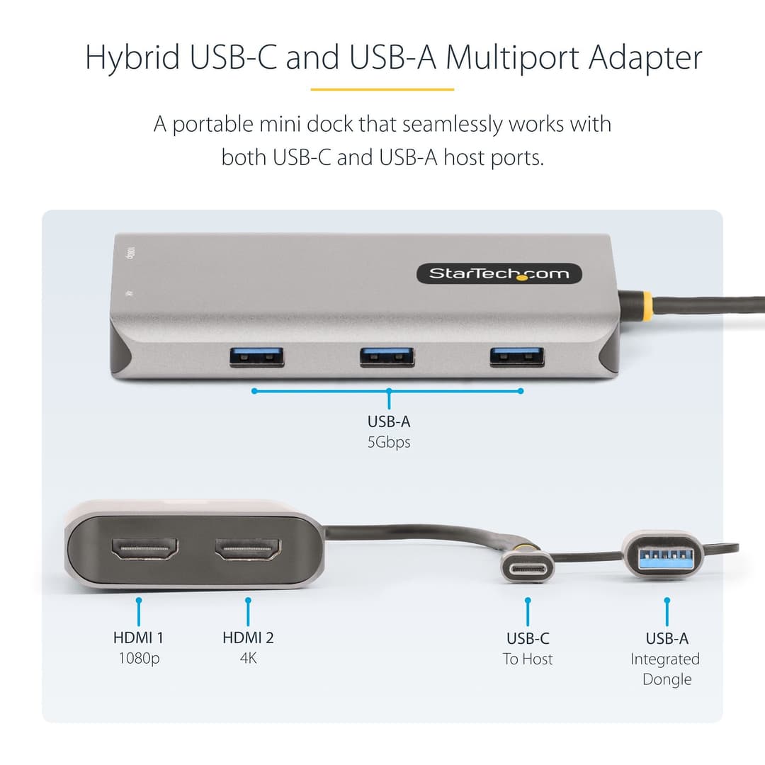 StarTech.com USB-C Multiport Adapter w/Attached USB-C to USB-A Dongle, Dual HDMI (4K30Hz/1080p60Hz), 3x USB-A 5Gbps, Mini Travel Dock, Laptop Docking Station, 1.3ft/40cm Cable - Image 4