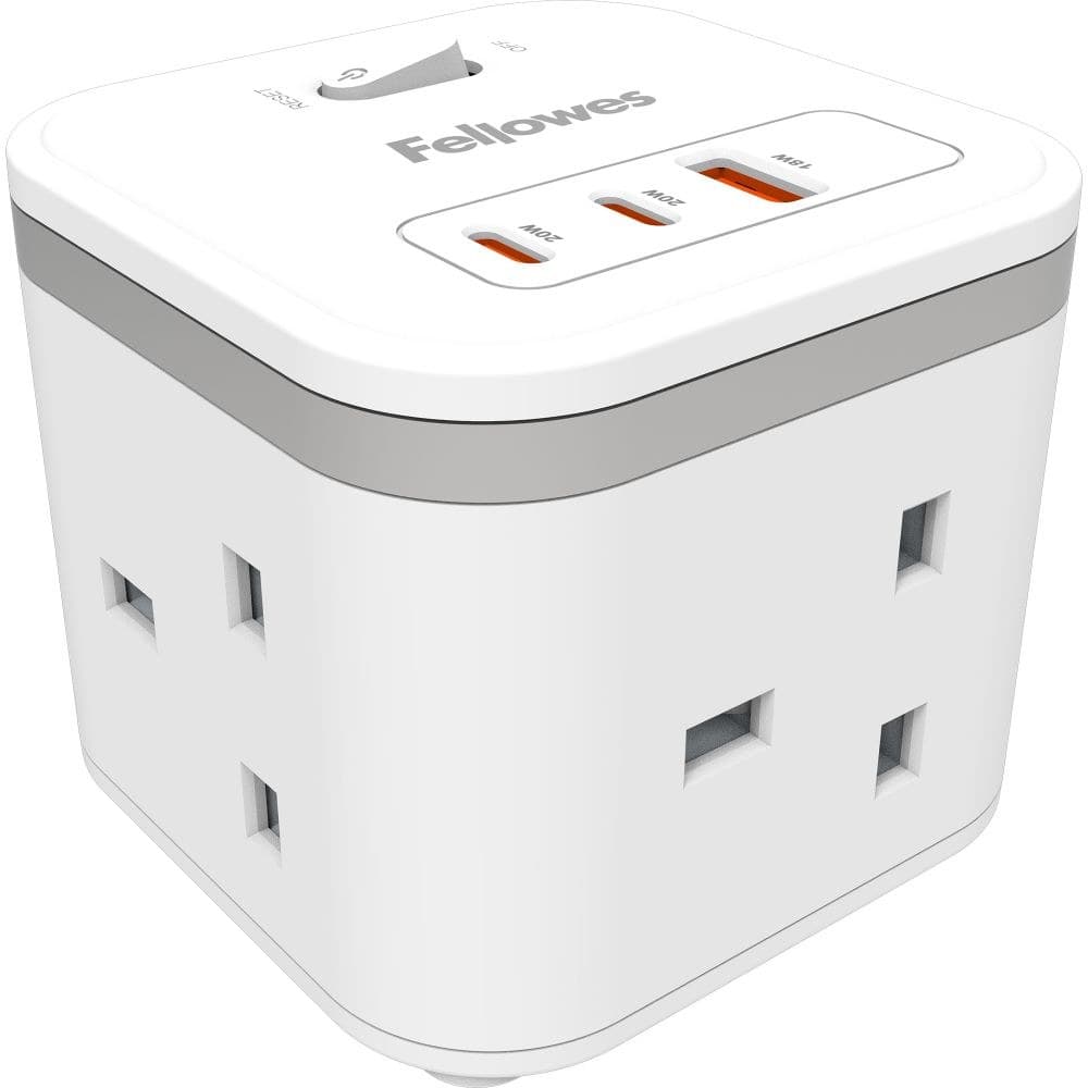 Fellowes Power Cube 100137166 3 Sockets, 1 USB-A and 2 USB-C Ports, 2m Cable - White - Image 1