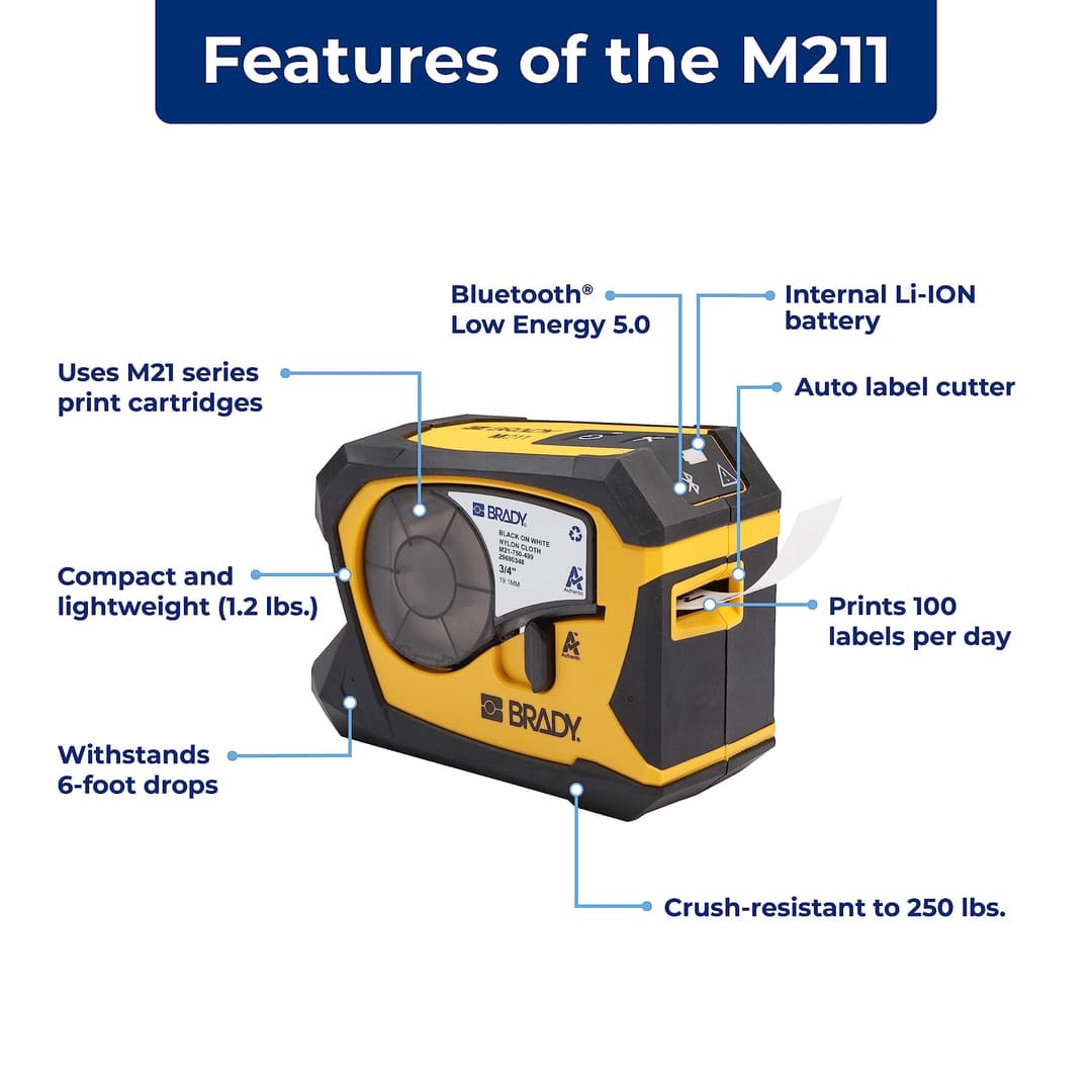 Brady M211 Portable Bluetooth Label Printer with M21-750-499 19.05mm Label Cartridge - Yellow/Black - Image 2