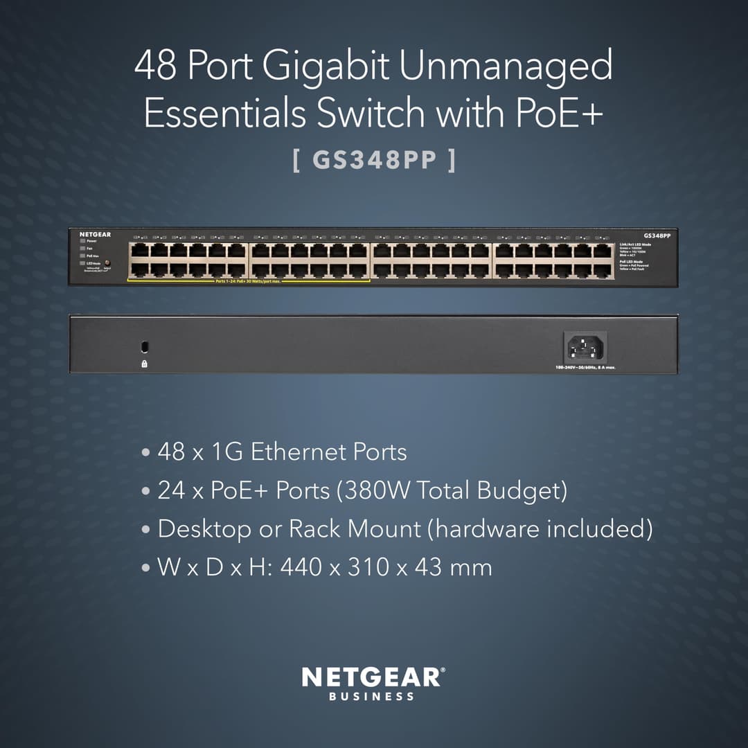 NETGEAR GS348PP 48-Port Gigabit Unmanaged PoE+ Network Switch, 24 PoE+ Ports, 380W, Rackmount - Black - Image 2