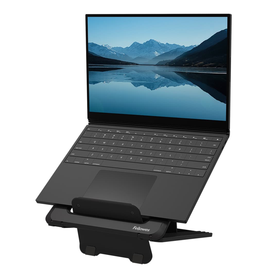 Fellowes Laptop Stand for Desk - Breyta Adjustable Laptop Riser for Home and Office - Portable Laptop Stand with 12 Height Adjustments - Max Laptop Size 14", Max Weight 4KG - Black - Image 1