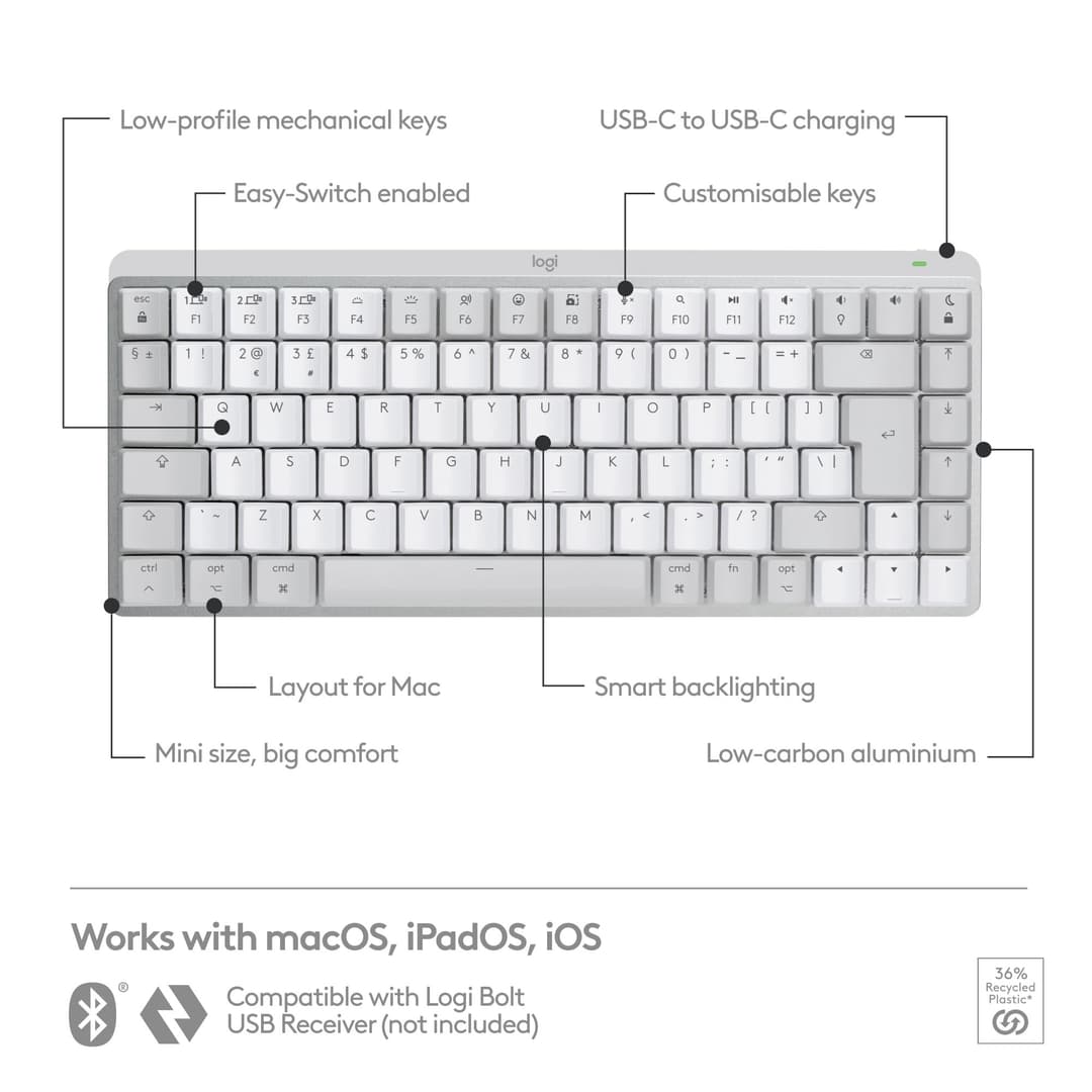 Logitech MX Mechanical Mini for Mac Wireless Illuminated Keyboard - Tactile Quiet Switches - Pale Grey - Image 6