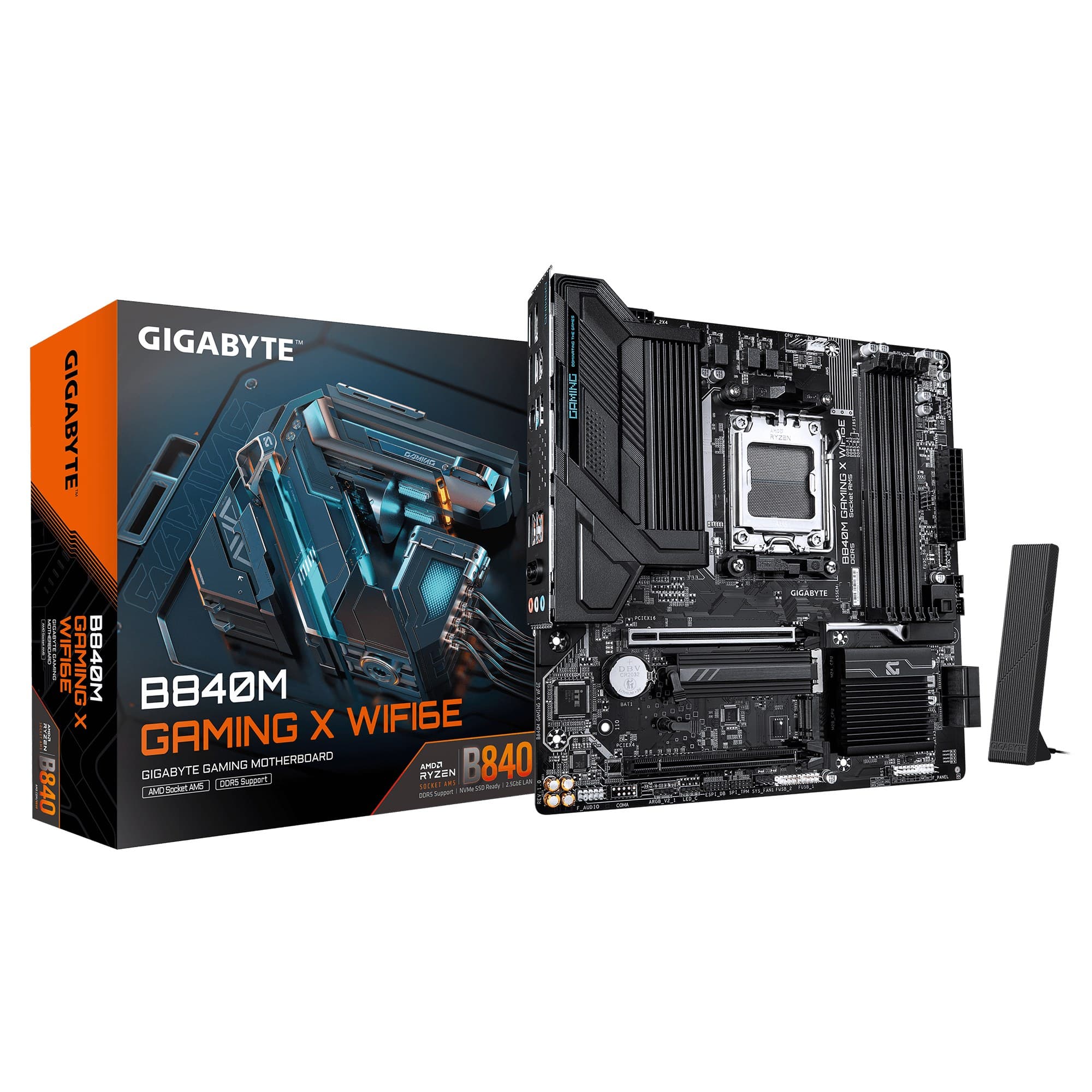 GIGABYTE B840M GAMING X WIFI6E AMD B840 AM5 Micro-ATX Motherboard - AMD Ryzen 9000/8000/7000 CPUs, 8+2+2 Phases VRM, up to 8200MHz DDR5 (O.C.), 2x PCIe 4.0 M.2, Wi-Fi 6E, 2.5GbE LAN, USB 3.2 Gen 1