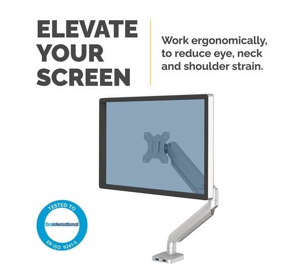 FELLOWES Platinum Series Single Arm Tilt & Swivel 40" Monitor Desk Mount - Silver - Image 2