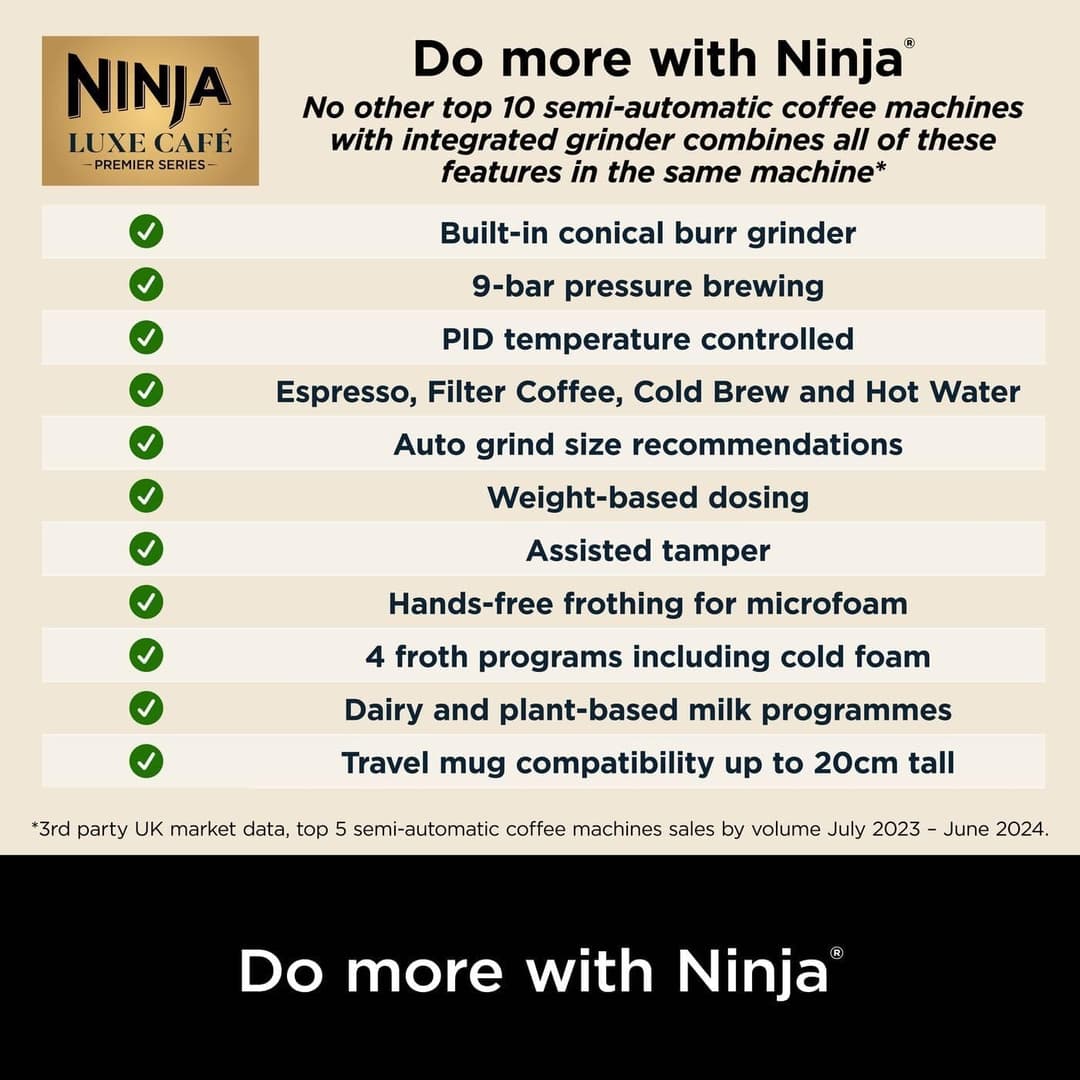 Ninja Luxe Café Premier 3-in-1 Coffee Machine with Built-In Grinder & Milk Frother Gun Metal ES601UKGM - Image 8