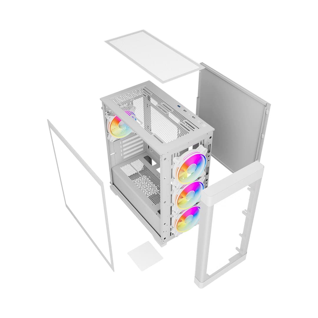 Vida Zephyr V2 Micro ATX ARGB Tempered Glass Gaming PC Case with 4 x 120mm ARGB Fans - White - Image 7