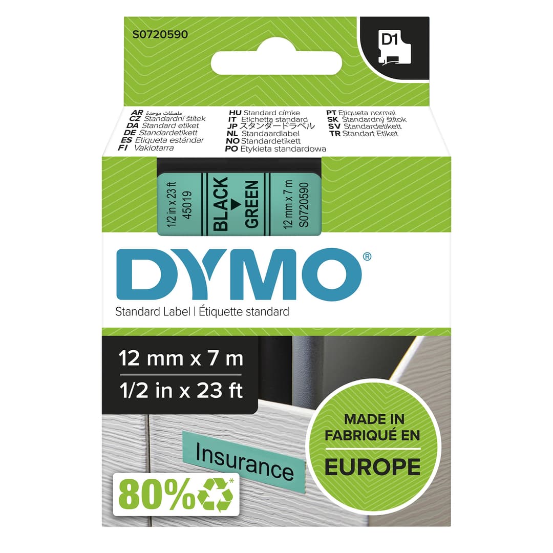 DYMO Authentic D1 Labels | Black Print on Green Tape | 12 mm x 7 m | Self-Adhesive Labels for LabelManager Label Makers | Made in Europe - Image 1