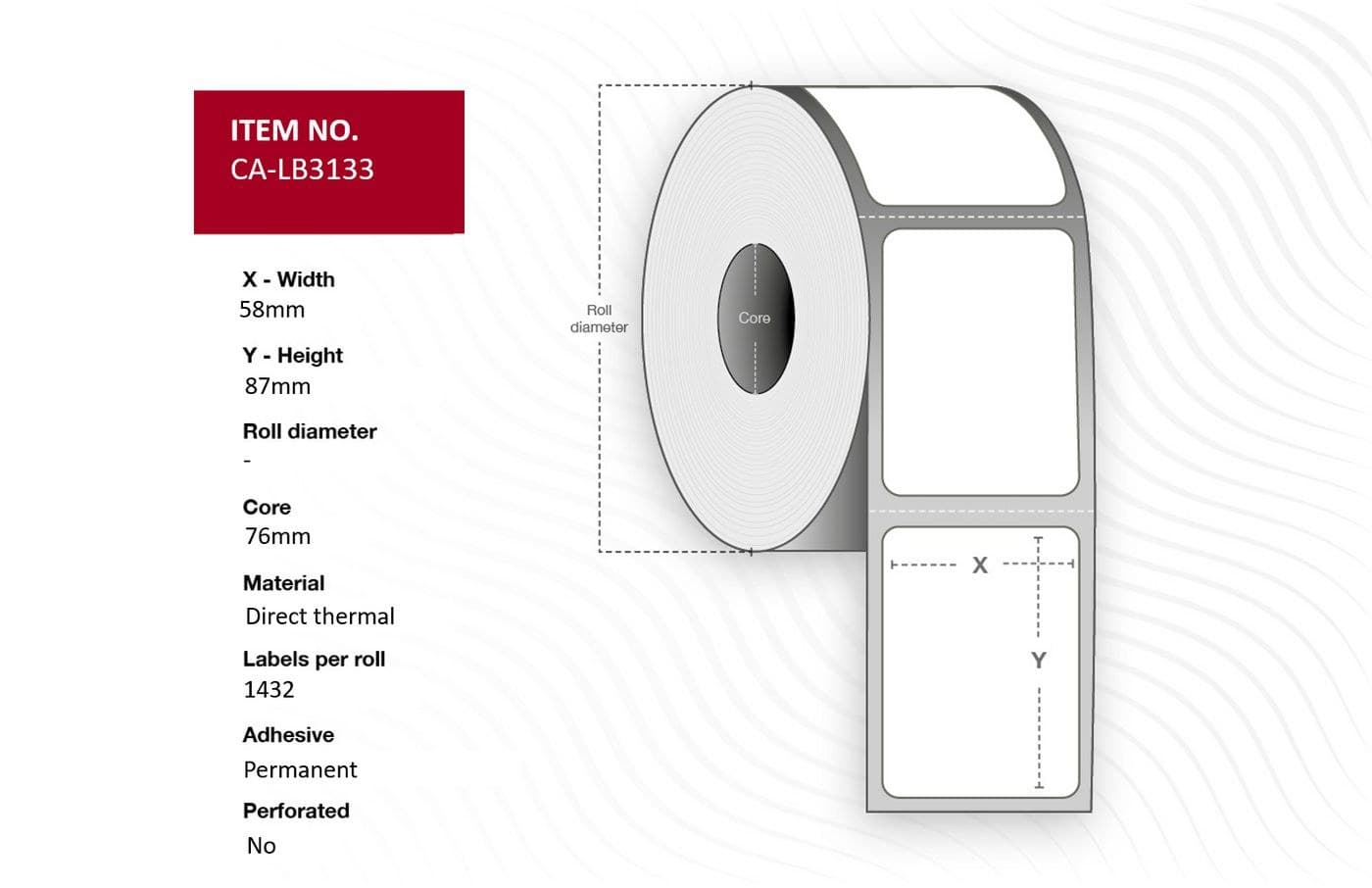 Capture CA-LB3133 Direct Thermal Label Roll 58 x 87mm, 76mm Core, Coated, Permanent, No Perforation, 1432 Labels per Roll, 8 Rolls per Box