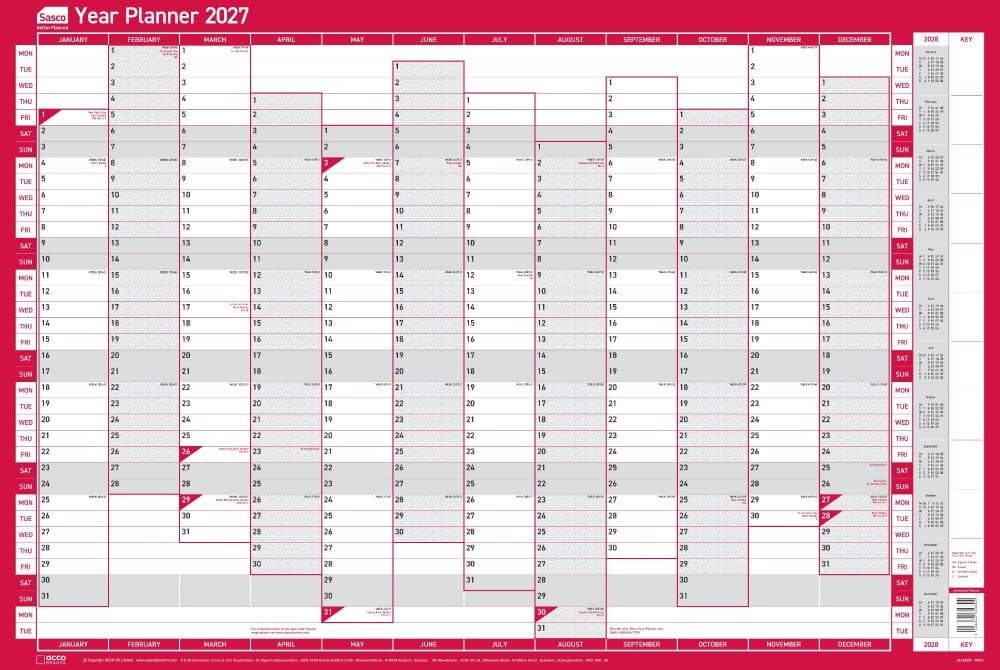 Sasco 2027 Vertical Unmounted Original Year Wall Planner 915 x 610mm
