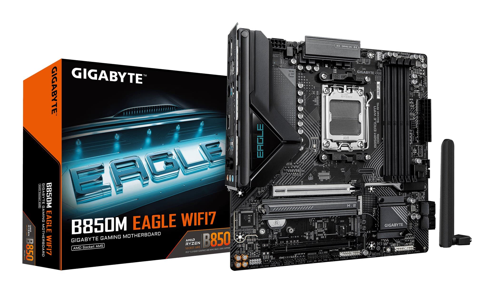 GIGABYTE B850M EAGLE WIFI7 AMD B850 mATX Socket AM5 Motherboard - AMD Ryzen 9000/8000/7000 Series CPUs, 8+2+2 Phases Digital VRM, up to 8200MHz DDR5 (O.C.), 1xPCIe 5.0 + 1xPCIe 4.0 M.2, WIFI 7, 2.5 GbE LAN, USB 3.2 Gen 2
