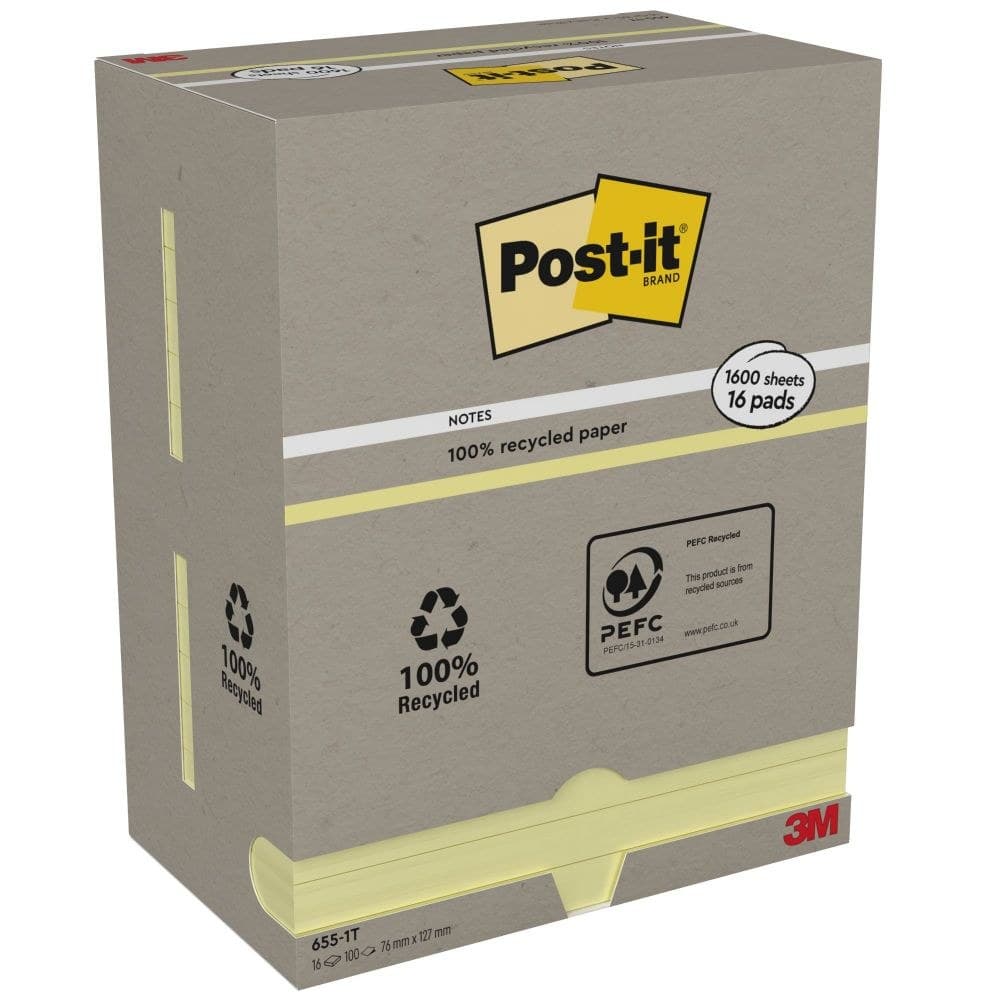 Post-it 655-1T Pack of 16 Recycled Notes 76x127 mm 100 Sheets Canary Yellow