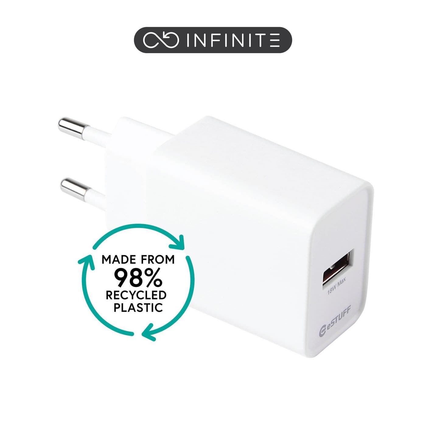 eSTUFF INFINITE (GRS) USB-A Charger EU 18W Quick Charge 3.0 - White - 98% Recycled Plastic