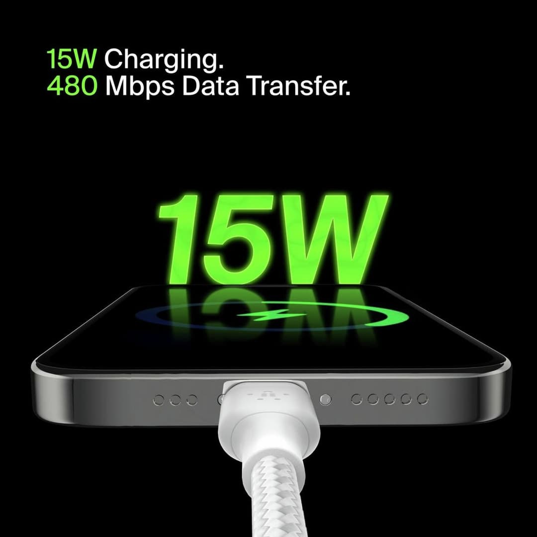 Belkin Braided USB C to USB A 2m Charging Cable - White - Image 4