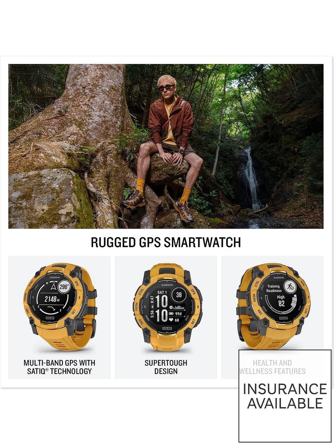Garmin Instinct 3 45mm Solar Rugged GPS Smartwatch with LED Flashlight - Sunburst/Grey - Image 2