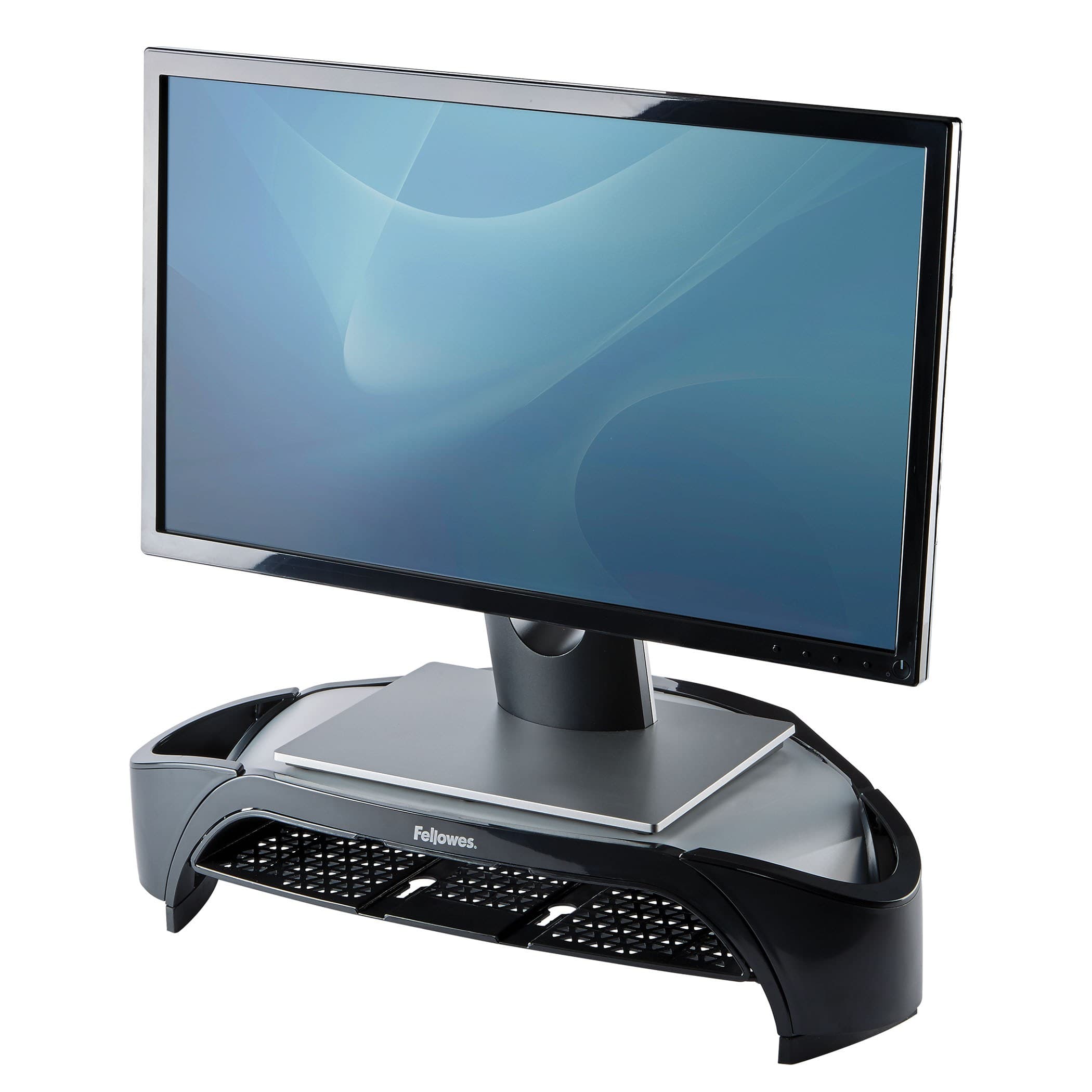 Fellowes Smart Suites Monitor Riser Plus 8020801 - Height Adjustable Monitor Stand with Storage Area - 3 Height Adjustments, Max Weight 10KG, Max Size 21" - Black