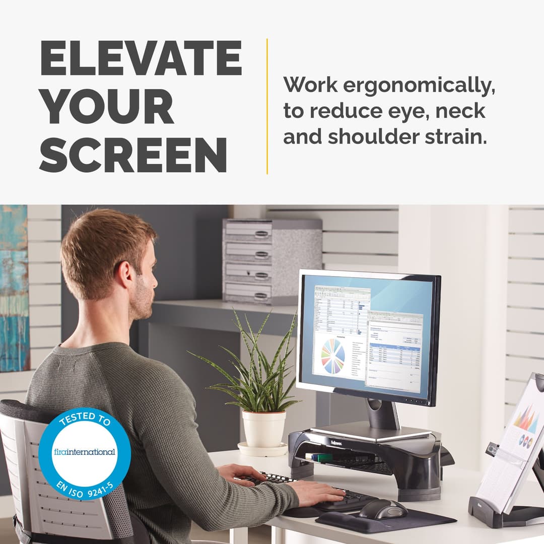 Fellowes Smart Suites Monitor Riser Plus 8020801 - Height Adjustable Monitor Stand with Storage Area - 3 Height Adjustments, Max Weight 10KG, Max Size 21" - Black - Image 2
