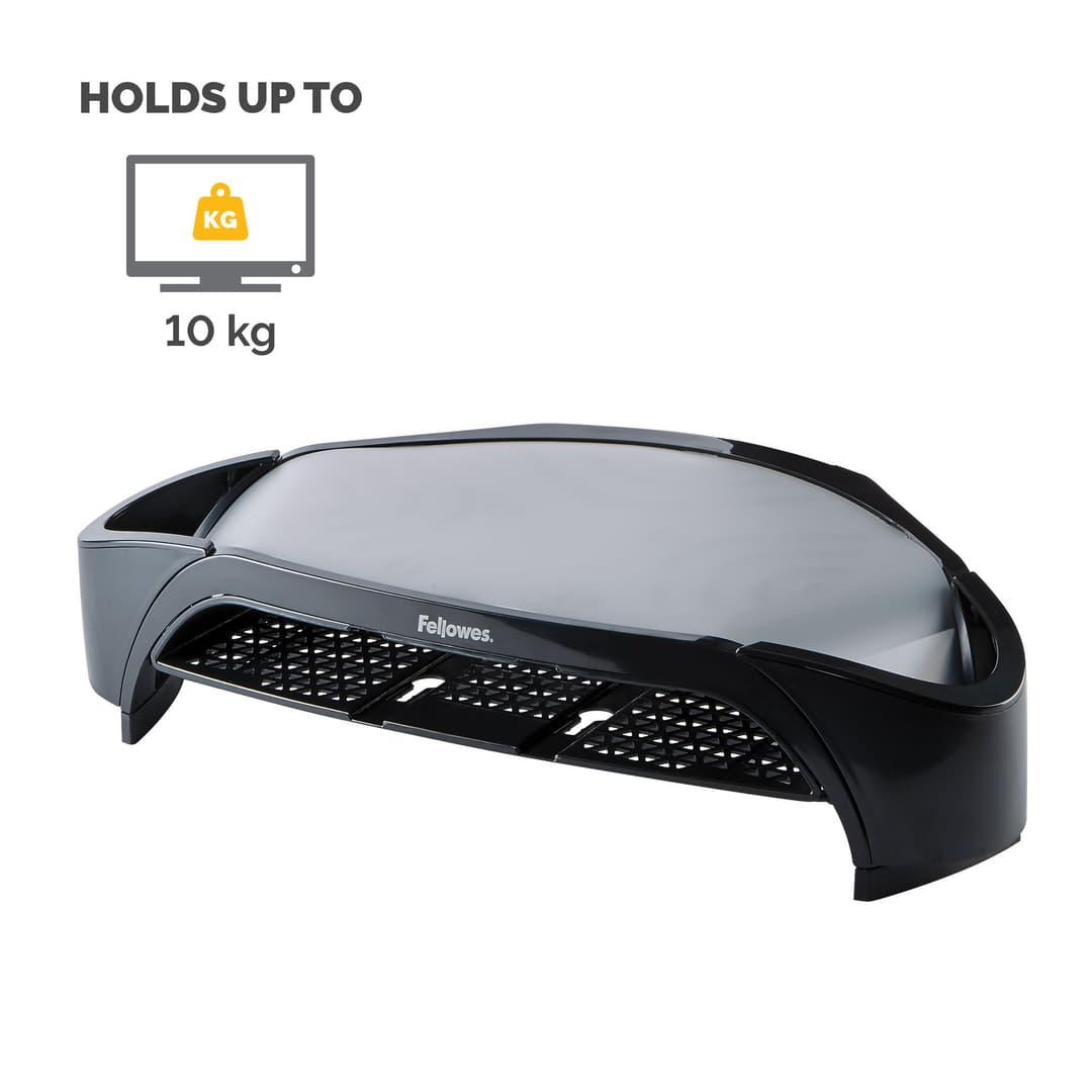 Fellowes Smart Suites Monitor Riser Plus 8020801 - Height Adjustable Monitor Stand with Storage Area - 3 Height Adjustments, Max Weight 10KG, Max Size 21" - Black - Image 3