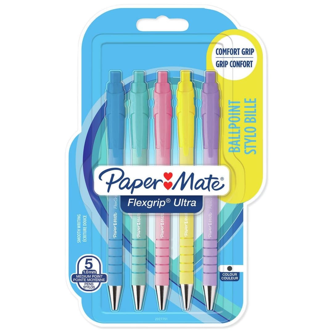 Paper Mate Flexgrip Ultra Pastel Retractable Ballpoint Pens - Set of 5 - Medium 1.0mm - Black Ink - Image 1