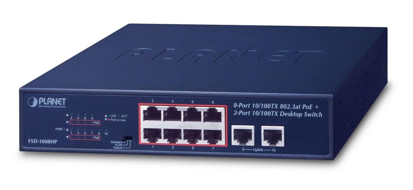 PLANET 8-Port 10/100TX 802.3at PoE Switch, 120W PoE Budget, Fanless, 10-inch Rack-Mountable
