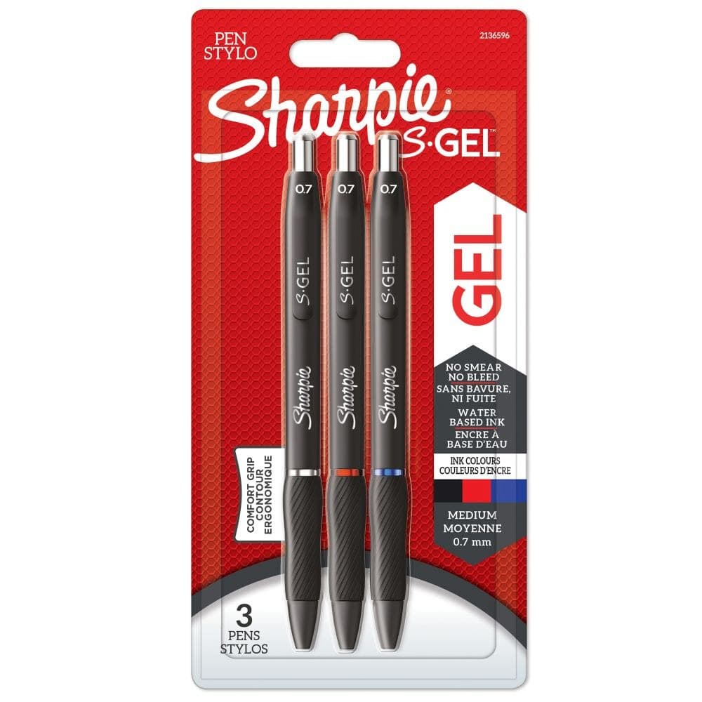 Sharpie 2136596 S-Gel Retractable Gel Pen 0.7mm Medium Point Assorted Black/Blue/Red Pack of 3 - Image 1