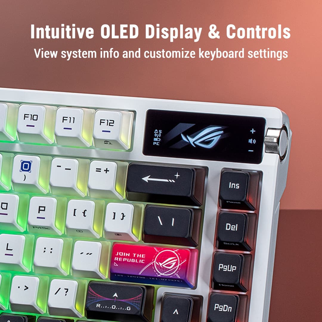 ASUS ROG Azoth X 75% Form Factor OLED RGB Wireless Gaming Keyboard - ROG NX Snow V2 Mechanical Switches, Tri-Mode (Bluetooth / 2.4GHz / USB-C) - White - Image 4
