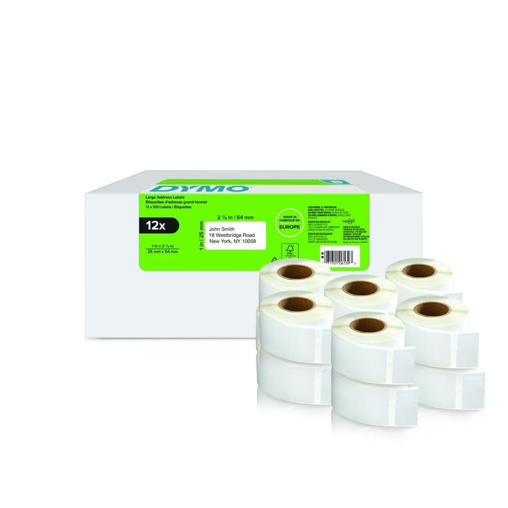 Dymo 11352 12 Rolls Returns Labels Tape Black On White 25mm x 54mm - 500 Labels Per Roll (6000 Labels) - Image 1