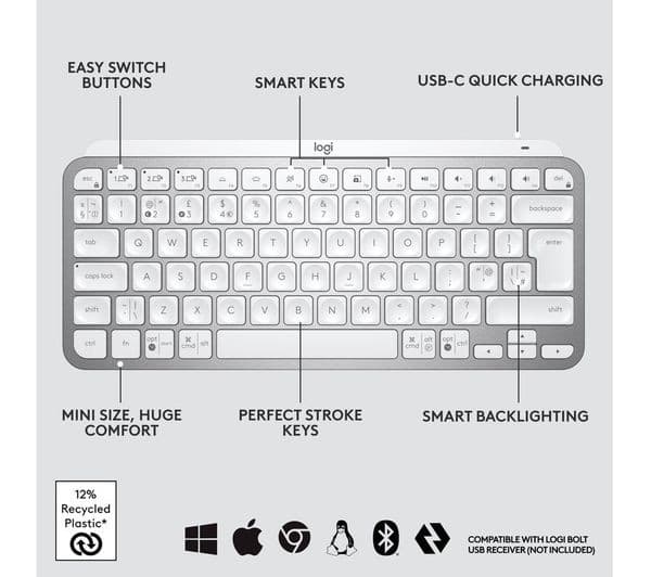 Logitech MX Keys Mini Wireless Illuminated Keyboard - Pale Grey, UK Layout - Image 6