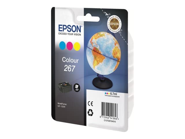 Epson 267 Globe Singlepack Tri-Colour (Cyan, Magenta, Yellow) Original Ink Cartridge - 6.7 ml, 200 Pages - for WorkForce WF-100W / WF-110W