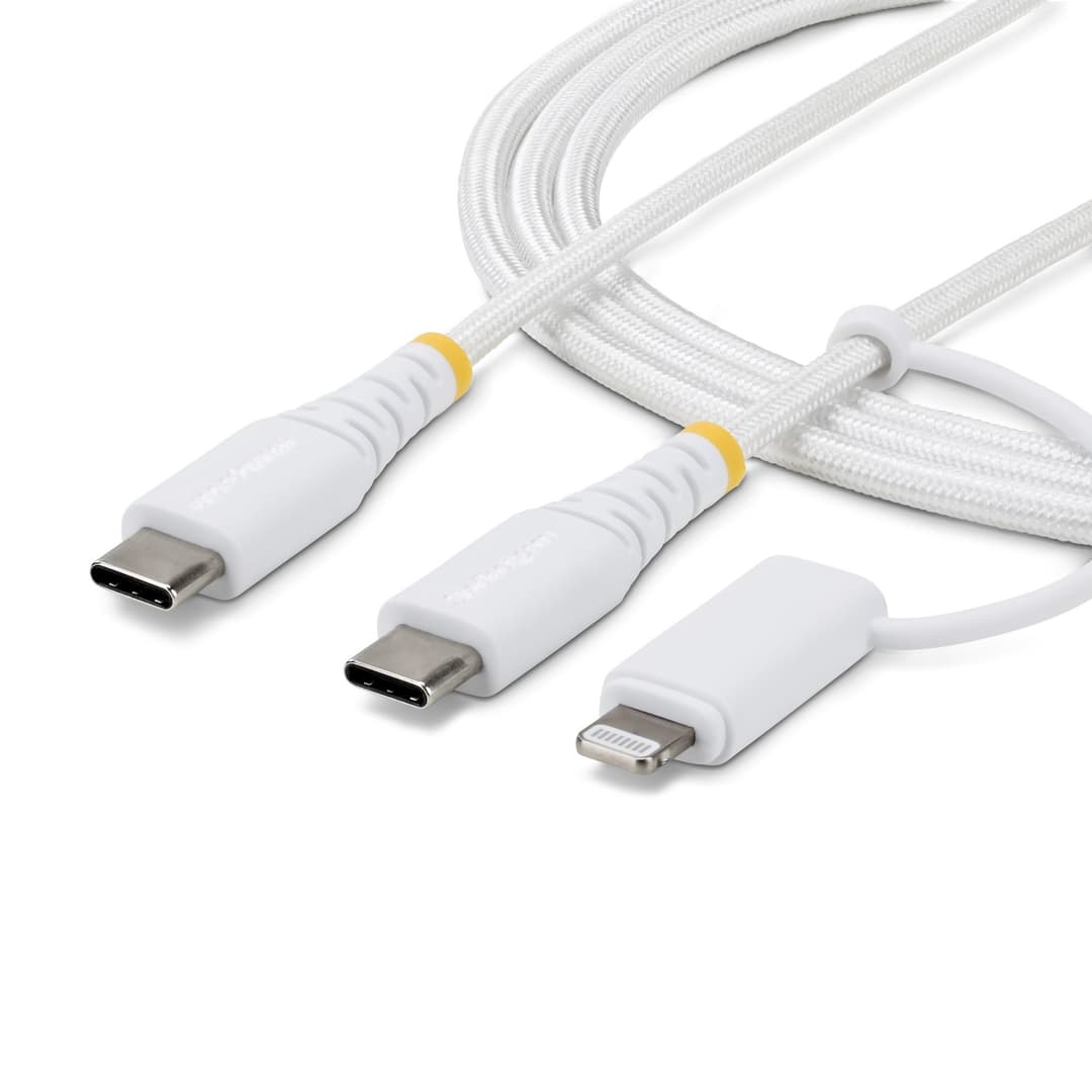 StarTech.com 1m (3ft) 2-in-1 Rugged USB-C Charging Cable with Lightning Adapter, 30W/60W (3A), Apple MFi Certified, Braided USB C Charger Cord for iPhone/iPad/Android - Image 1