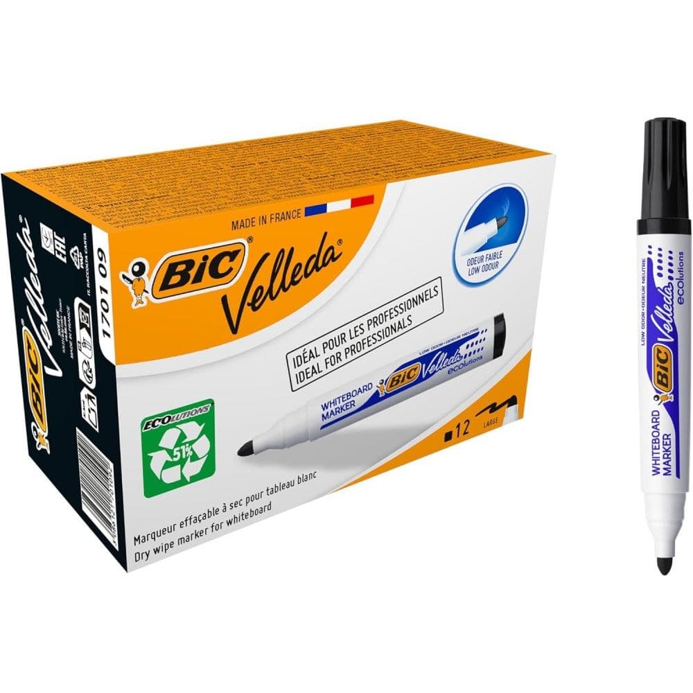 Bic Pack of 12 Ecolutions Velleda1701 Whiteboard Marker Bullet Tip Blk - Image 1