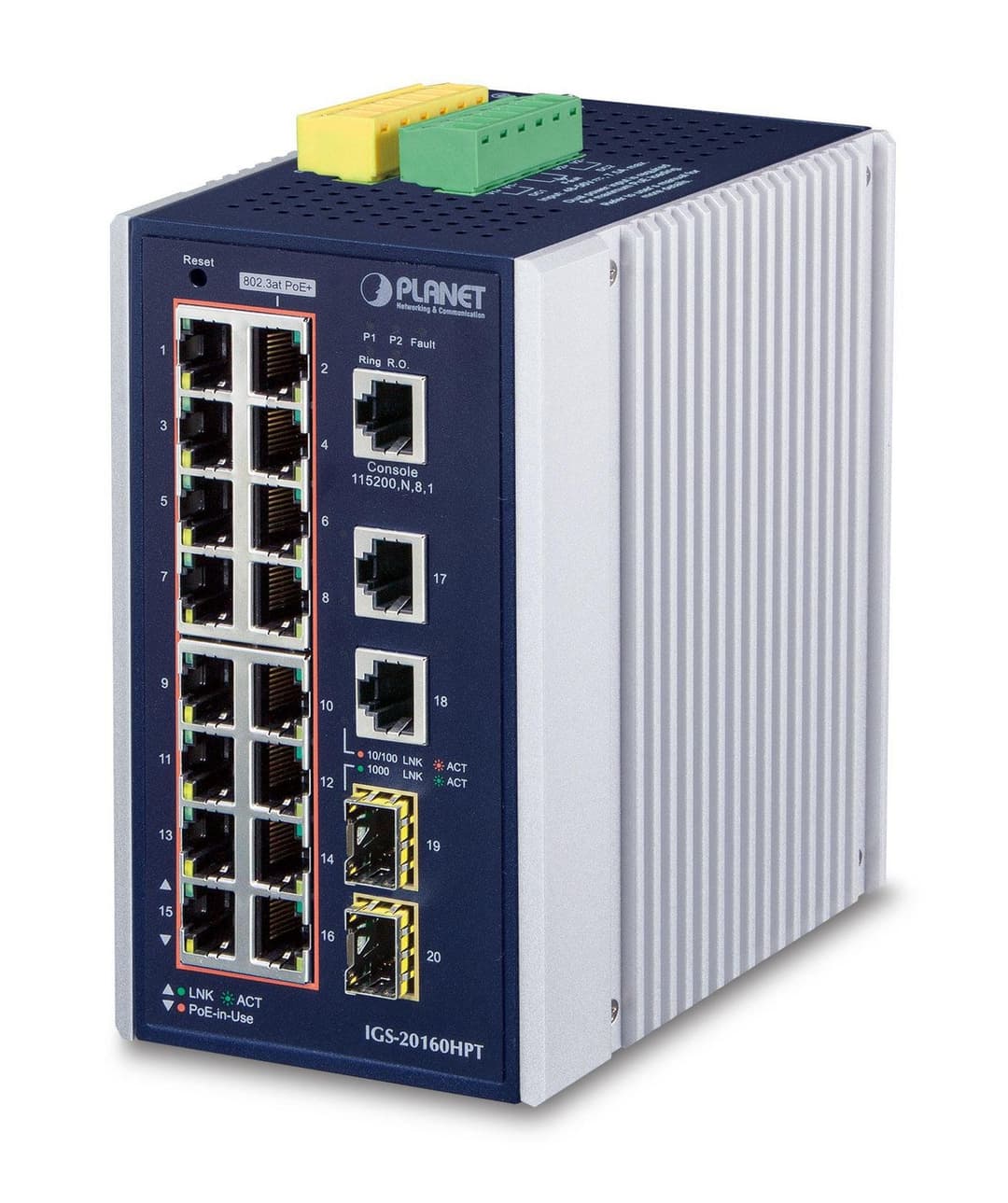 PLANET IGS-20160HPT IP30 Industrial L2+/L4 16-Port 10/100/1000T 802.3at PoE+ 2-Port 10/100/1000T + 2-Port 100/1000X SFP Full Managed Switch (-40 to 75 C, dual redundant 48~56V DC power input) - Image 1