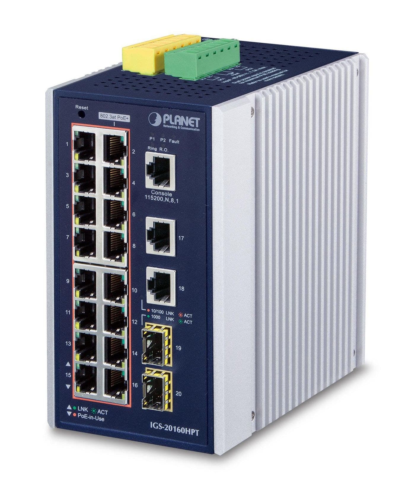 PLANET IGS-20160HPT IP30 Industrial L2+/L4 16-Port 10/100/1000T 802.3at PoE+ 2-Port 10/100/1000T + 2-Port 100/1000X SFP Full Managed Switch (-40 to 75 C, dual redundant 48~56V DC power input)