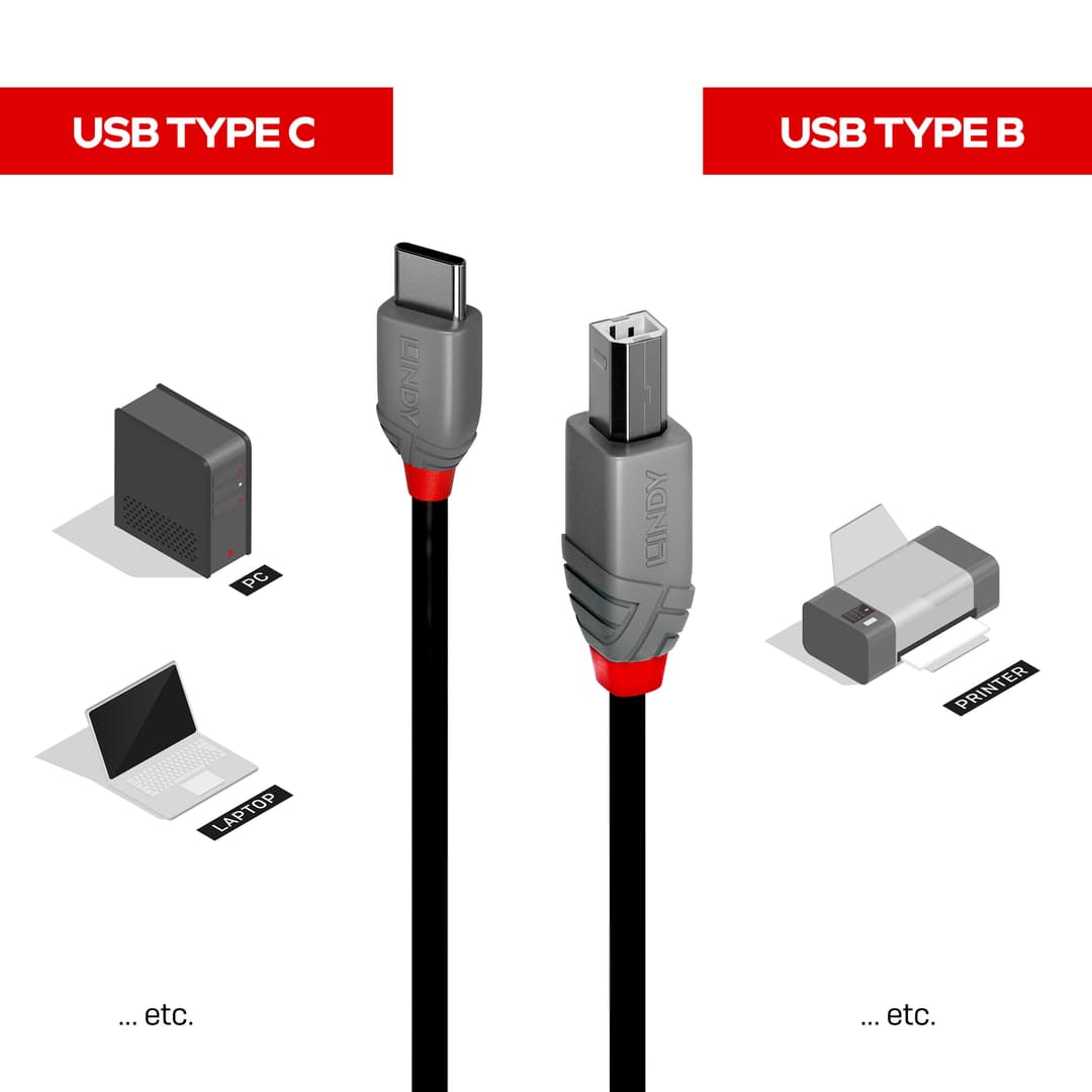 Lindy 2m USB 2.0 Type C to B Cable, Anthra Line - Image 3