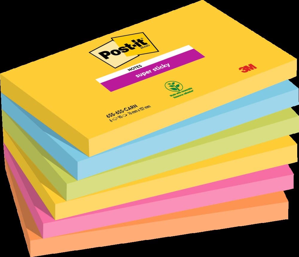 Post-it Pack of 6 Super Sticky Notes 76x127mm 90 Sheet Carnival Colours - Image 1