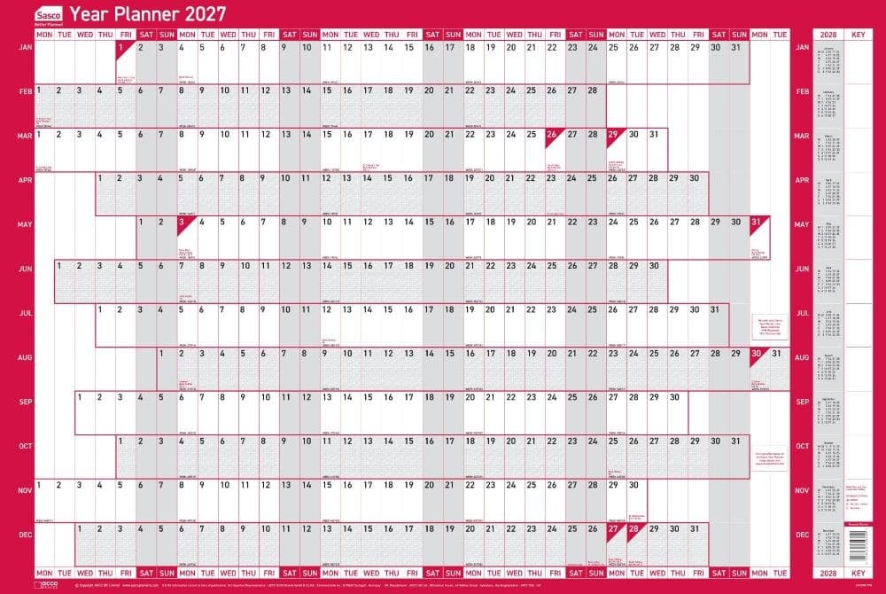 Sasco 2027 Mounted Original Year Wall Planner 915 x 610mm
