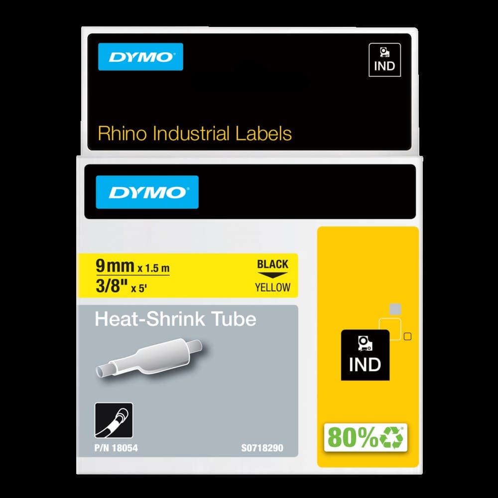 Dymo 18054 Rhino Heat-Shrink Tube 9mm x 1.5m Black on Yellow - S0718290 - Image 1