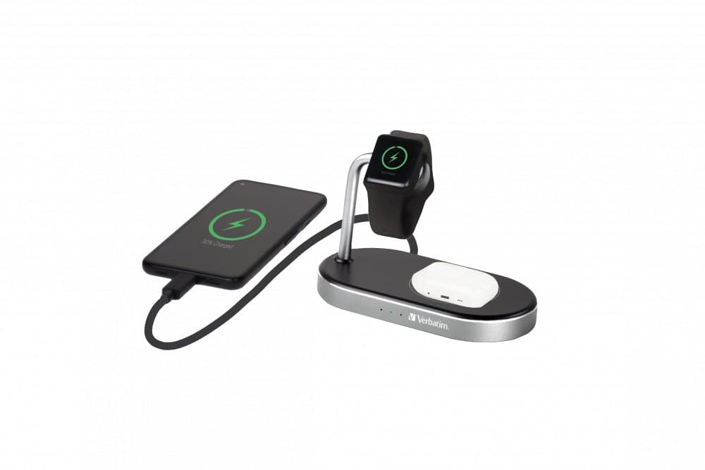 Verbatim WCS-02 Aluminium 3-in-1 Qi MFi Wireless + Apple Watch + QC 3.0 USB-A Charging Station 15W, Black - Image 1