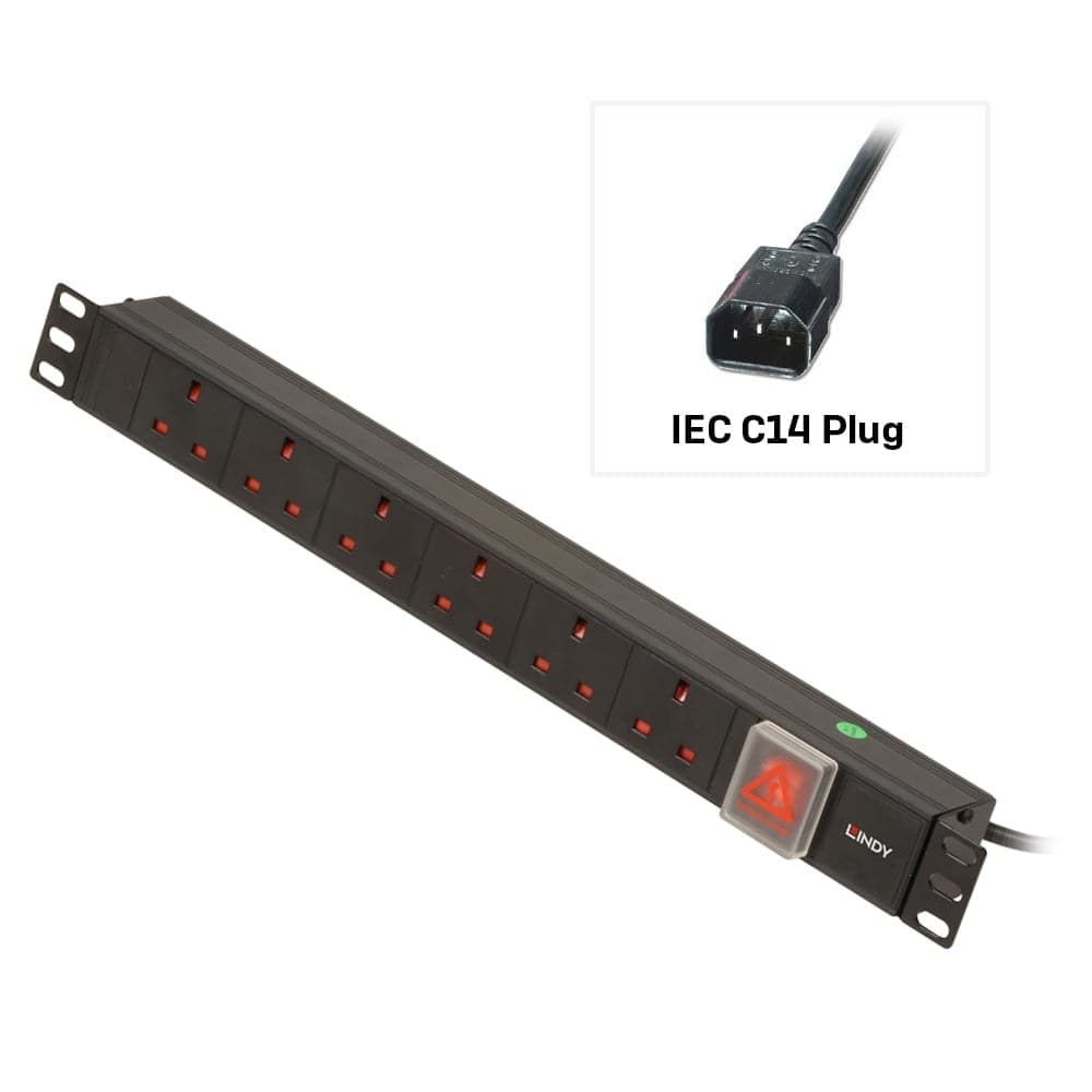 Lindy 1U 6 Way UK Sockets, Horizontal PDU with IEC C14 Cable - Image 1